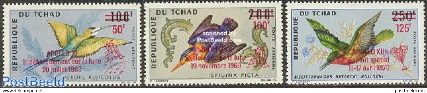 Chad 1970 Moon Flight 3v, Mint NH, Nature - Transport - Birds - Space Exploration - Kingfishers - Hummingbirds - Other & Unclassified