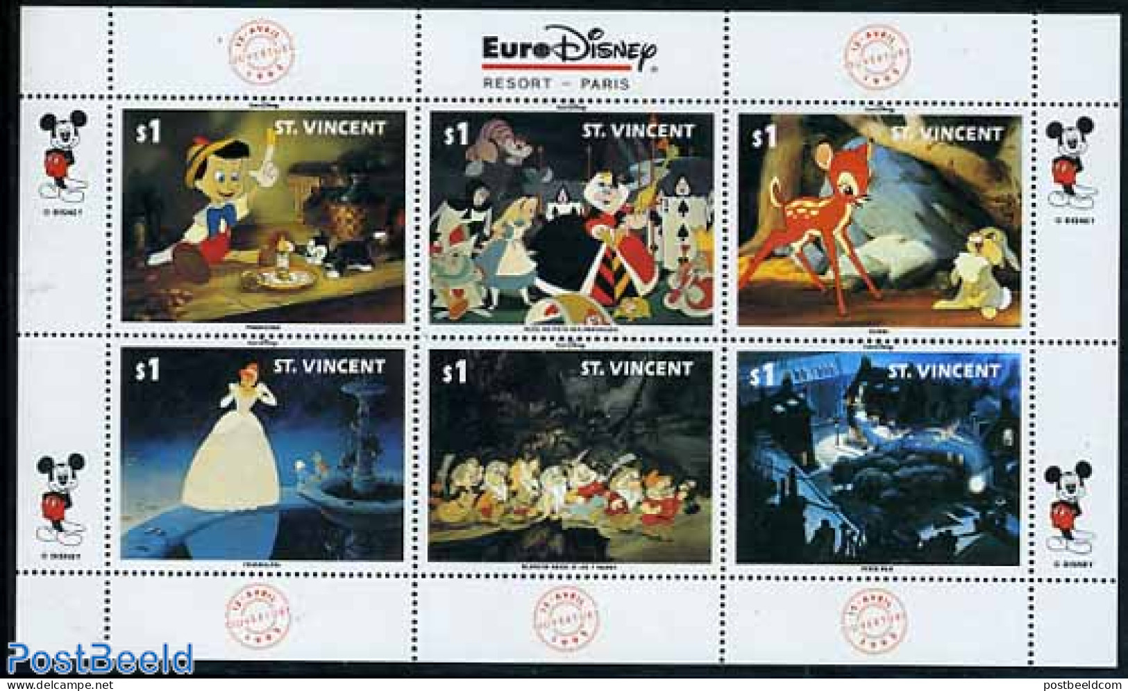 Saint Vincent 1992 Eurodisney 6v M/s, Mint NH, Nature - Sport - Cats - Playing Cards - Art - Disney - Disney