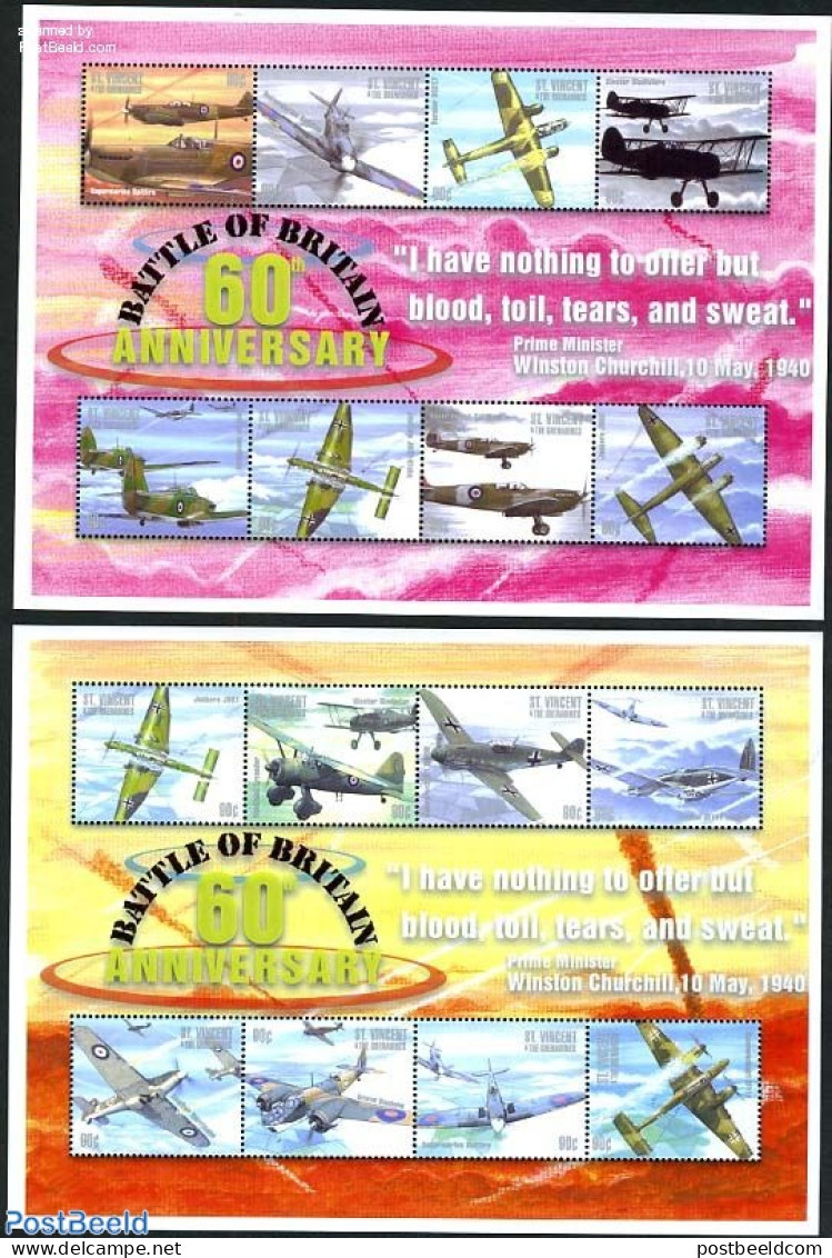 Saint Vincent 2000 Battle Of Britain 16v (2 M/s), Mint NH, History - Transport - World War II - Aircraft & Aviation - Guerre Mondiale (Seconde)