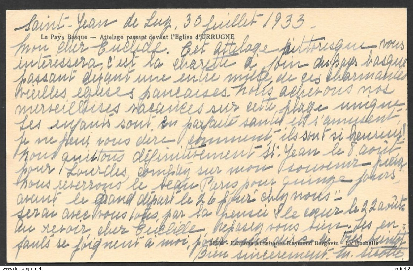 Urrugne  France (64) C.P.A. Datée 1933 Le Pays Basque, Attelage Passant Devant L'Église D'Urrugne - Par Raymond Bergevin - Urrugne