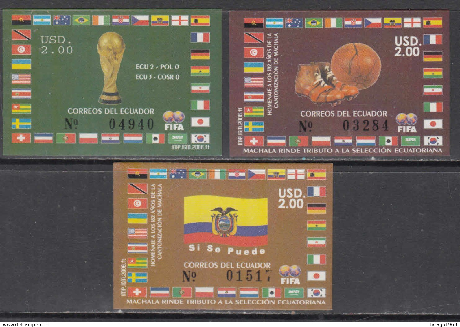 2006 Ecuador World Cup Football Flags Set Of 3 Souvenir Sheets MNH - Equateur