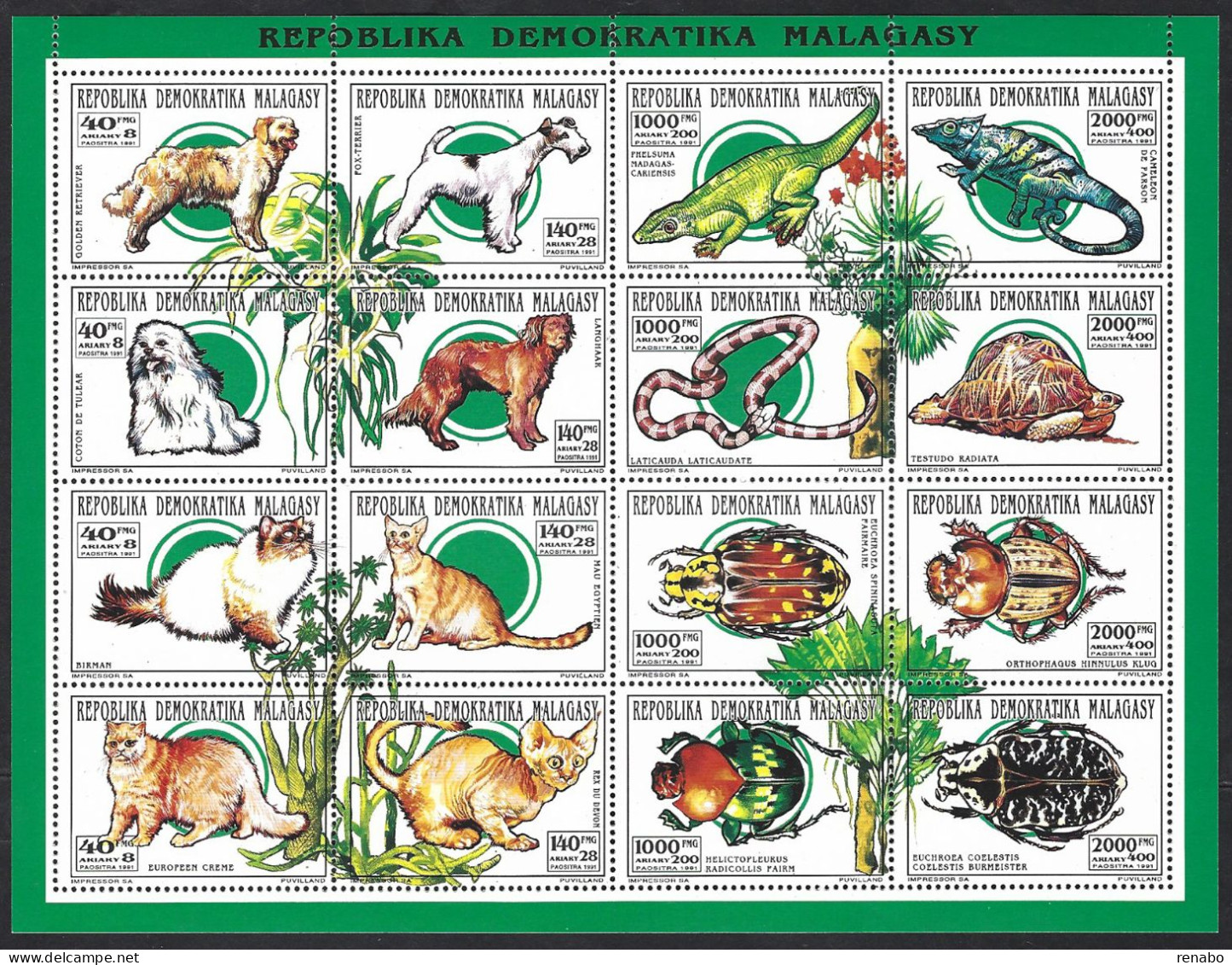 Madagascar, Malagasy 1993; Fauna: CATS, Dogs, Insects, Reptiles; 4 Quatrains Form A Block Of 16v. - Gatos Domésticos