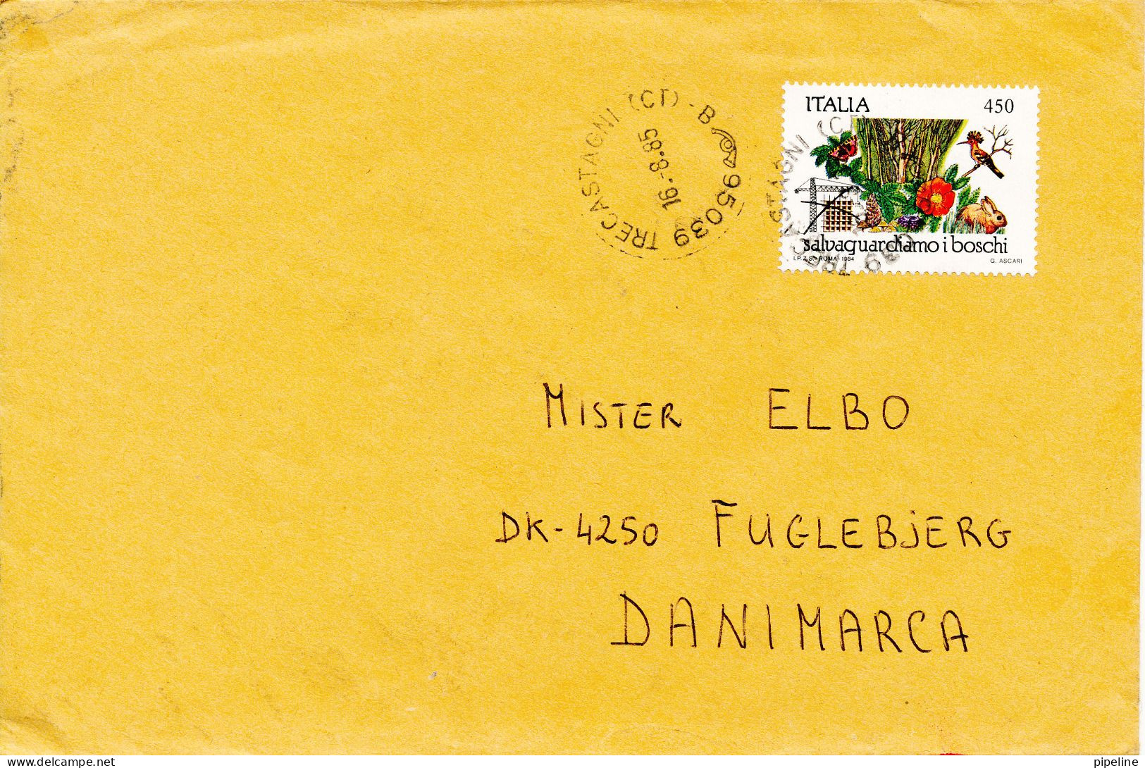 Italy Cover Sent To Denmark Trecastagni 22-4-1988 Single Franked - 1981-90: Marcophilie