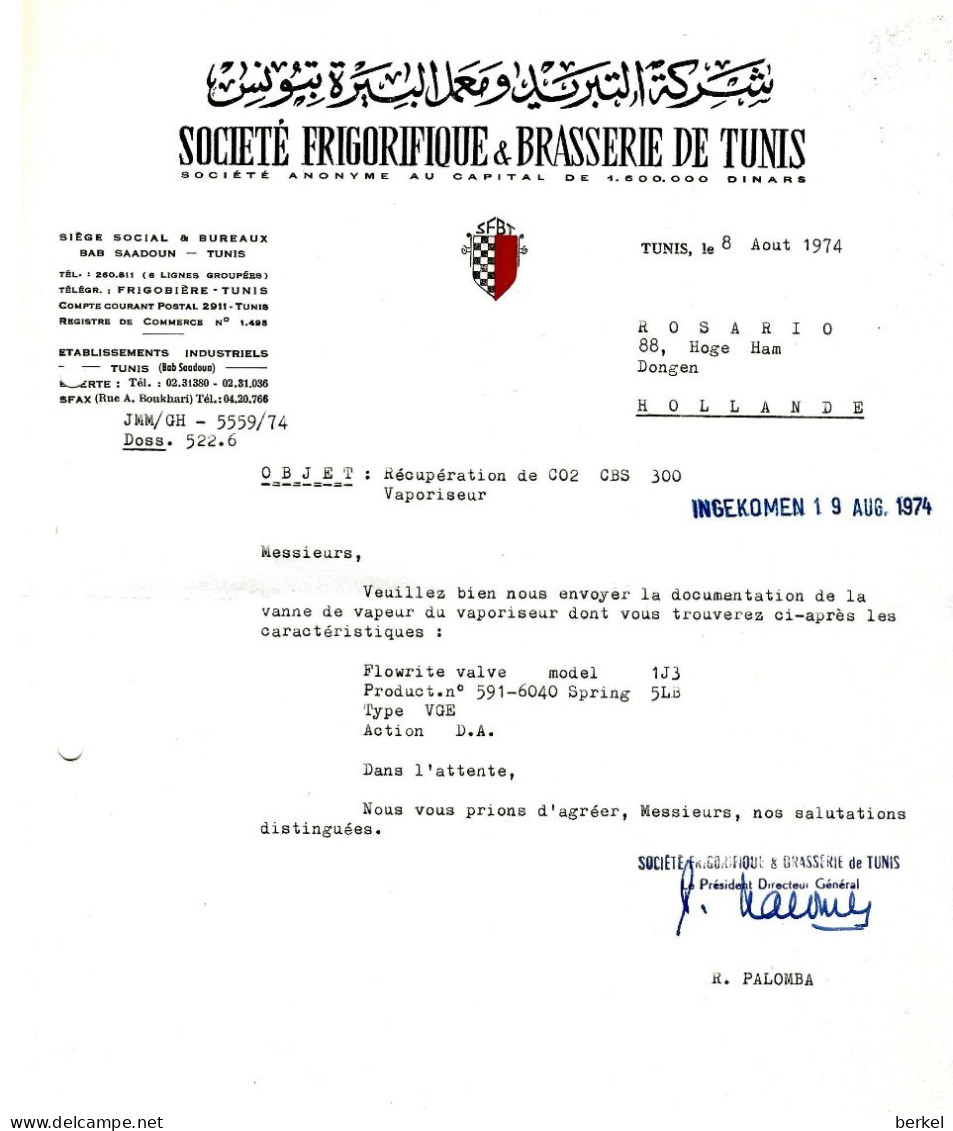 SOC.FRIGORIFIOUE & BRASSERIE DE  TUNIS 1974 - Autres & Non Classés