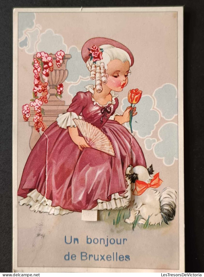 Fantaisie - Carte Système - Un Bonjour De Bruxelles - Belgique - Jeune Femme Habillée En Rose - Carte Postale Ancienne - Mechanical