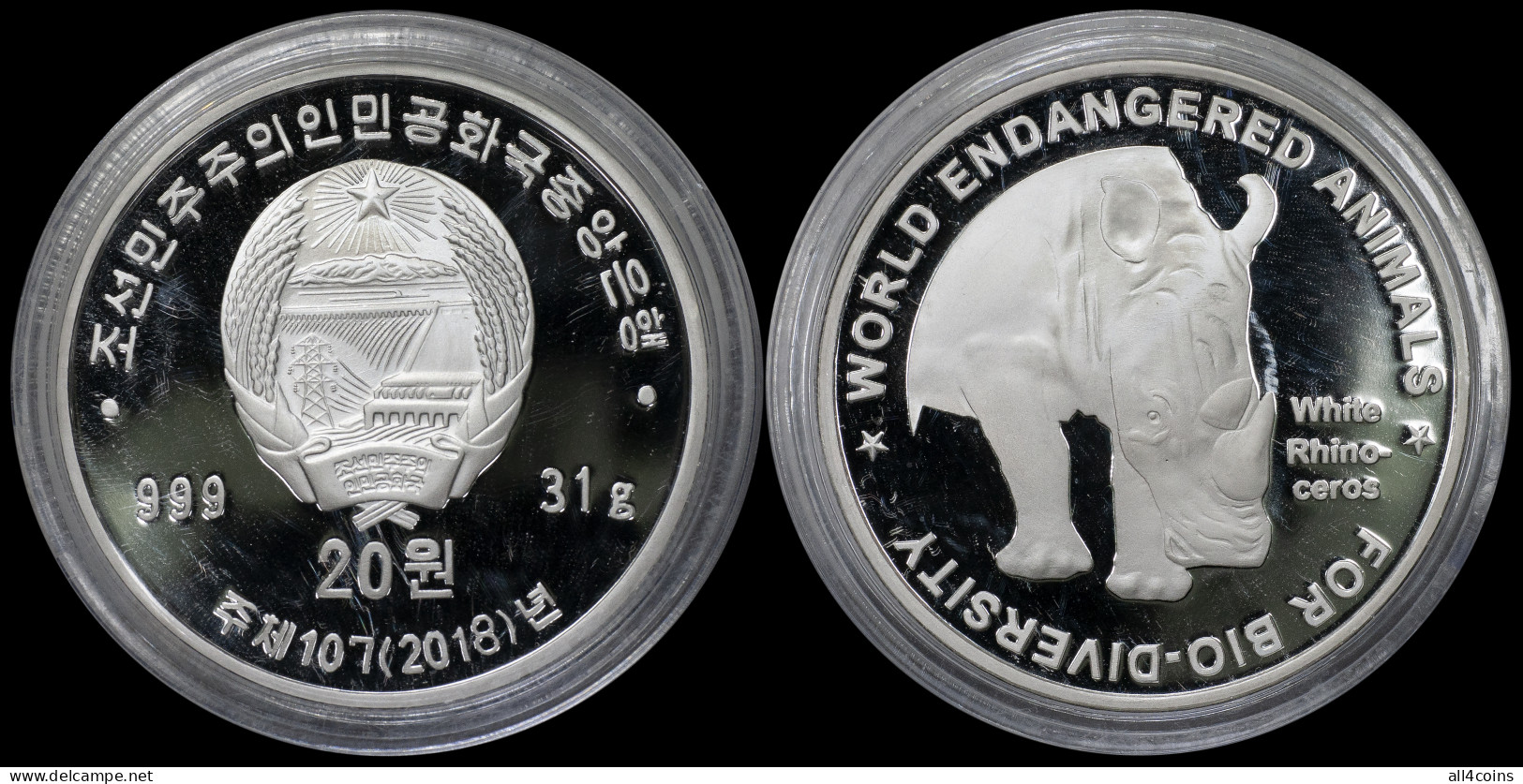 Korea 20 Won. 2018 (Silver. Coin KM#NL. Proof) White Rhinoceros [Ceratotherium Simum] - Korea (Noord)