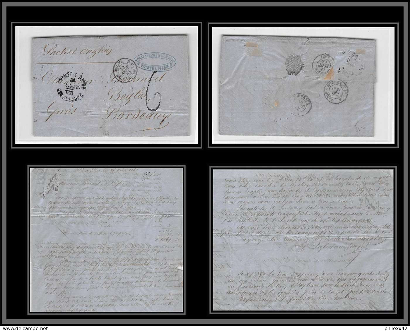 36880 Maritime Paquebot Steamer Guadeloupe Pour Bordeaux France 1863 Marque Postale D'entrée Lettre Cover - Briefe U. Dokumente