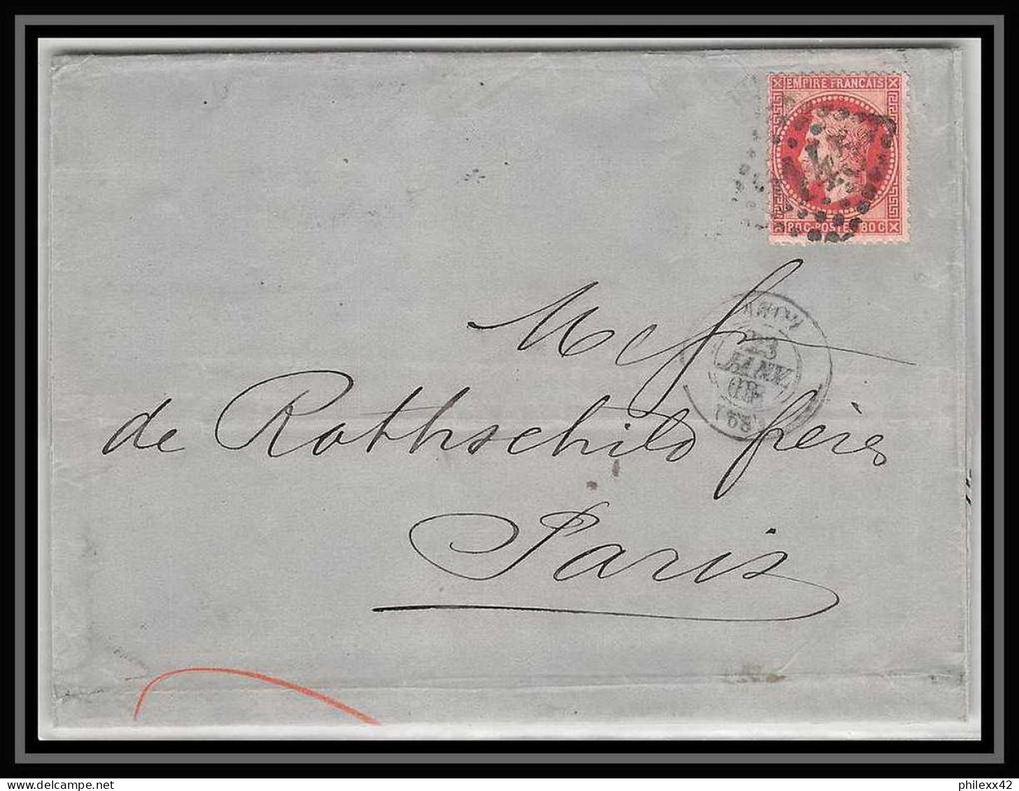 36543 Lettre Cover Rothschild 1868 N°32 Napoléon 80c Rose Lyon Pour Paris GC 2145 - 1863-1870 Napoléon III Lauré