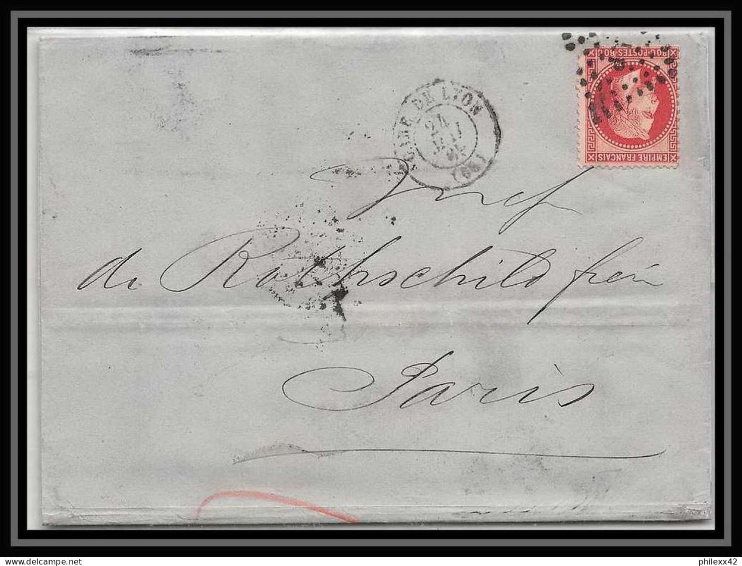 36544 Lettre Cover Rothschild 1869 N°32 Napoléon 80c Rose Lyon Pour Paris GC 2145 - 1863-1870 Napoléon III Lauré