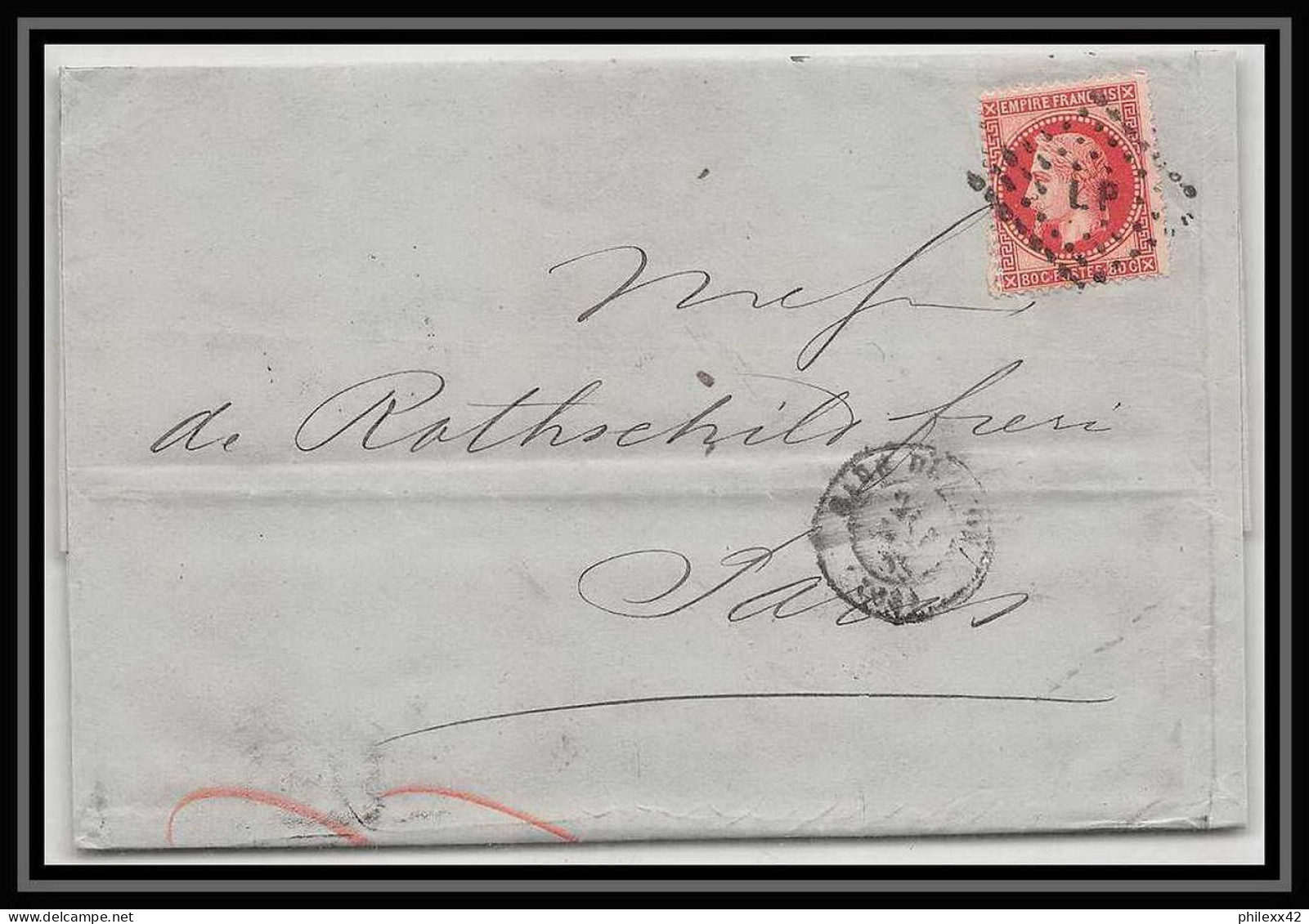 36542 Lettre Cover Rothschild 1869 N°32 Napoléon 80c Rose Lyon Pour Paris GC 2145 - 1863-1870 Napoléon III Lauré