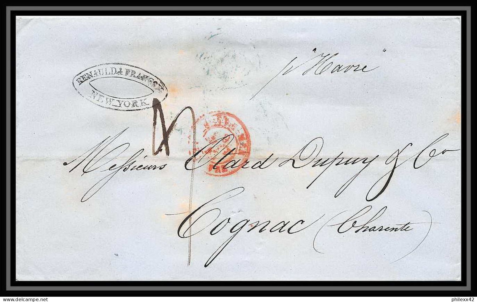 36152 1847 New York Usa Par Le Havre Cognac Charente Marque Postale Maritime Cover Schiffspost - Marques D'entrées