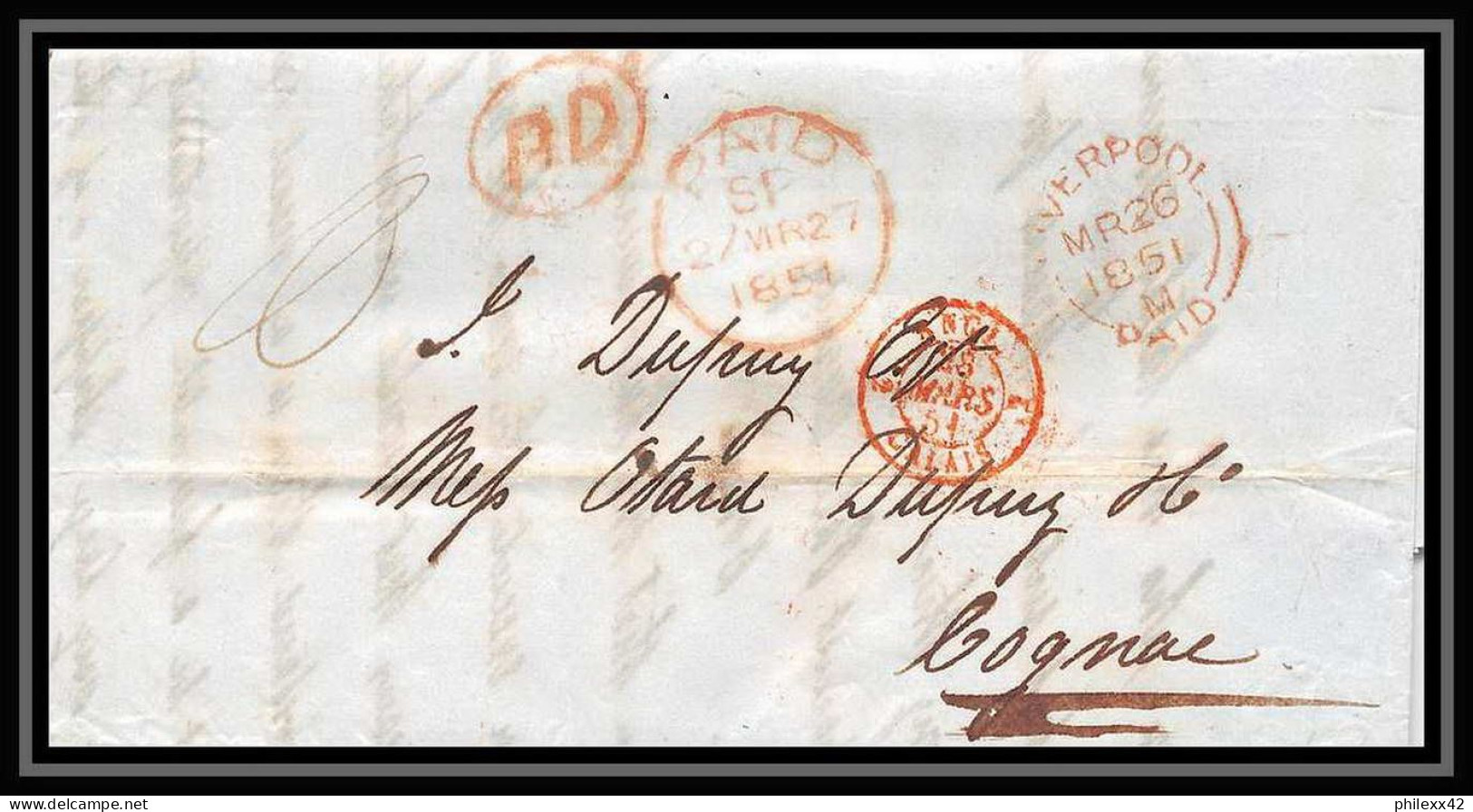 36022 1851 Liverpool England Port Payé PAID Cognac Charente Marque Postale Maritime Cover Schiffspost Lettre LAC - Entry Postmarks