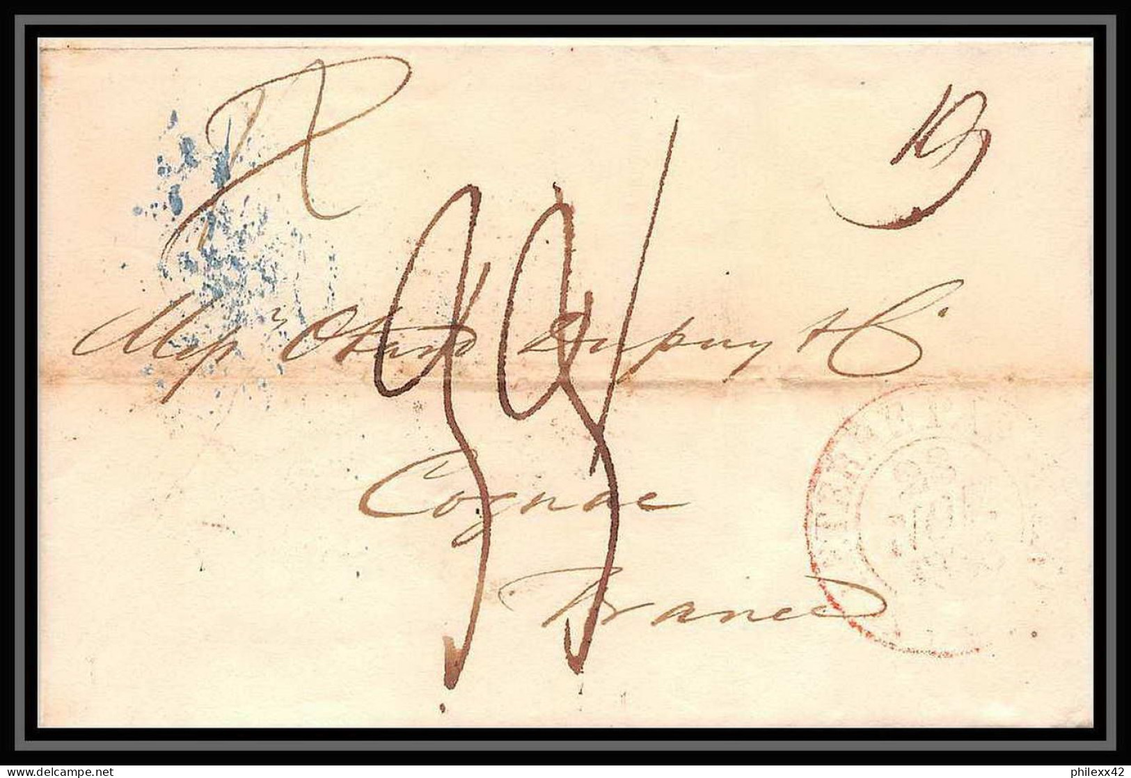 36009 1838 England Manchester Via London Cognac Charente Marque Postale Maritime Cover Schiffspost Lettre LAC Bateau - Entry Postmarks