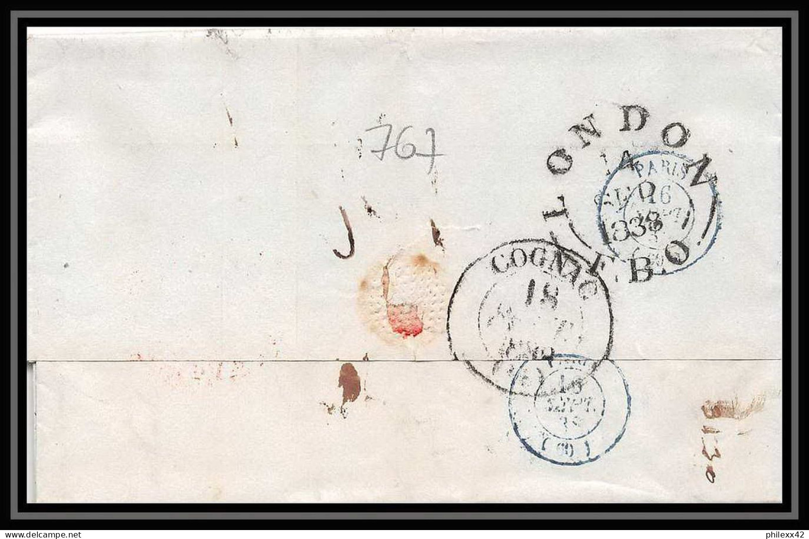 36010 1838 Londres London Cognac Charente Marque Postale Maritime Cover Schiffspost Lettre LAC - Entry Postmarks