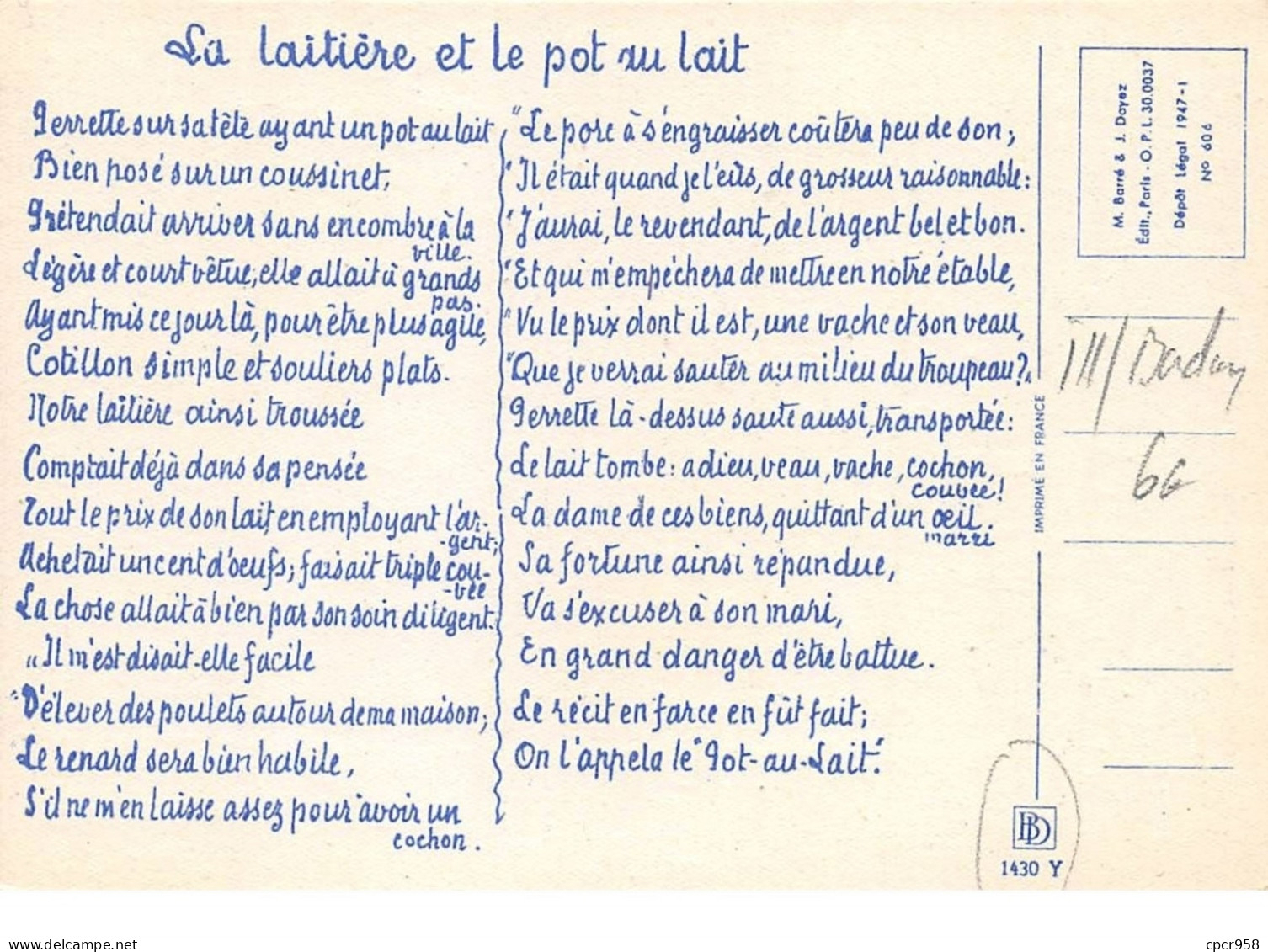 Illustrateur - N°68267 - Barday 1430 Y - La Laitière Et Le Pot Au Lait - Starling - Barday