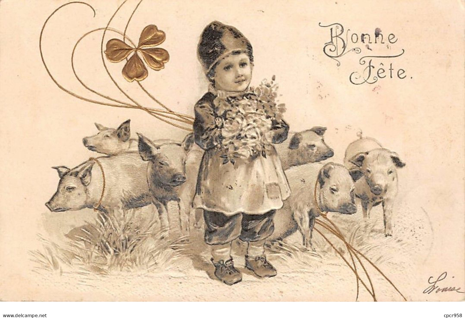 Cochons - N°68601 - Bonne Fête - Garçon Parmi Des Cochons Portant Un Bouquet De Fleurs - Carte Gaufrée - Schweine