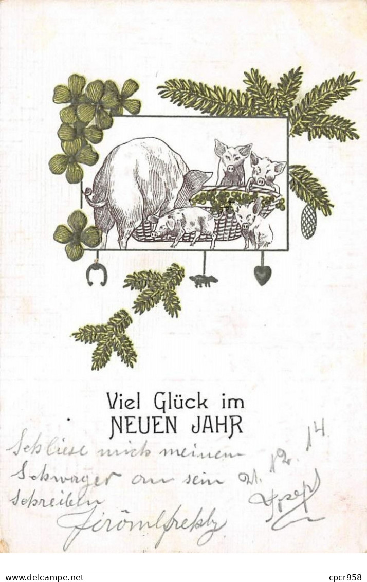 Cochons - N°68597 - Viel Glück Im Neuen Jahr - Une Truie Avec Ses Petits - Carte Gaufrée - Schweine