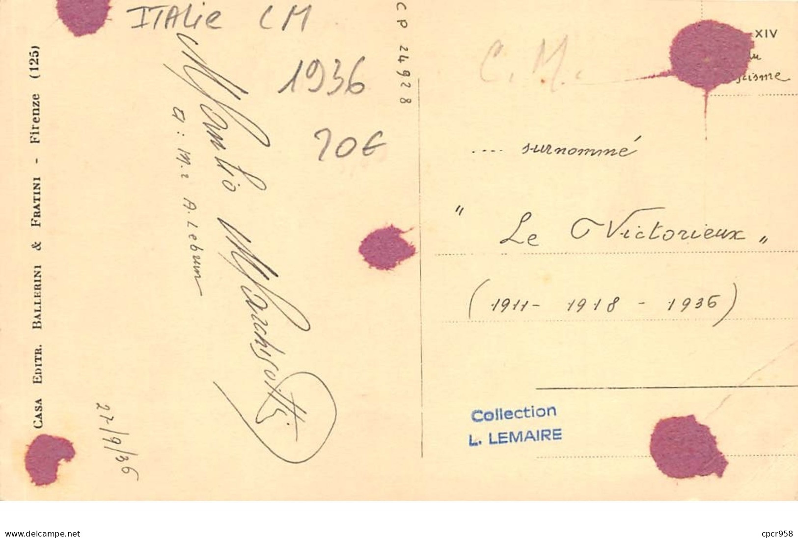 ITALIE .CARTE MAXIMUM. N°207837. 1936. Cachet ?; S M Vittorio Emanuele III - Maximum Cards