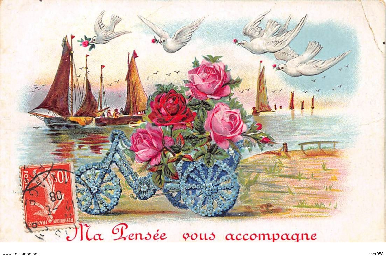 Fantaisies - N°75078 - Ma Pensée Vous Accompagne - Tricycle Décoré De Fleurs - Carte Gaufrée Pliée Vendue En L'état - Autres & Non Classés