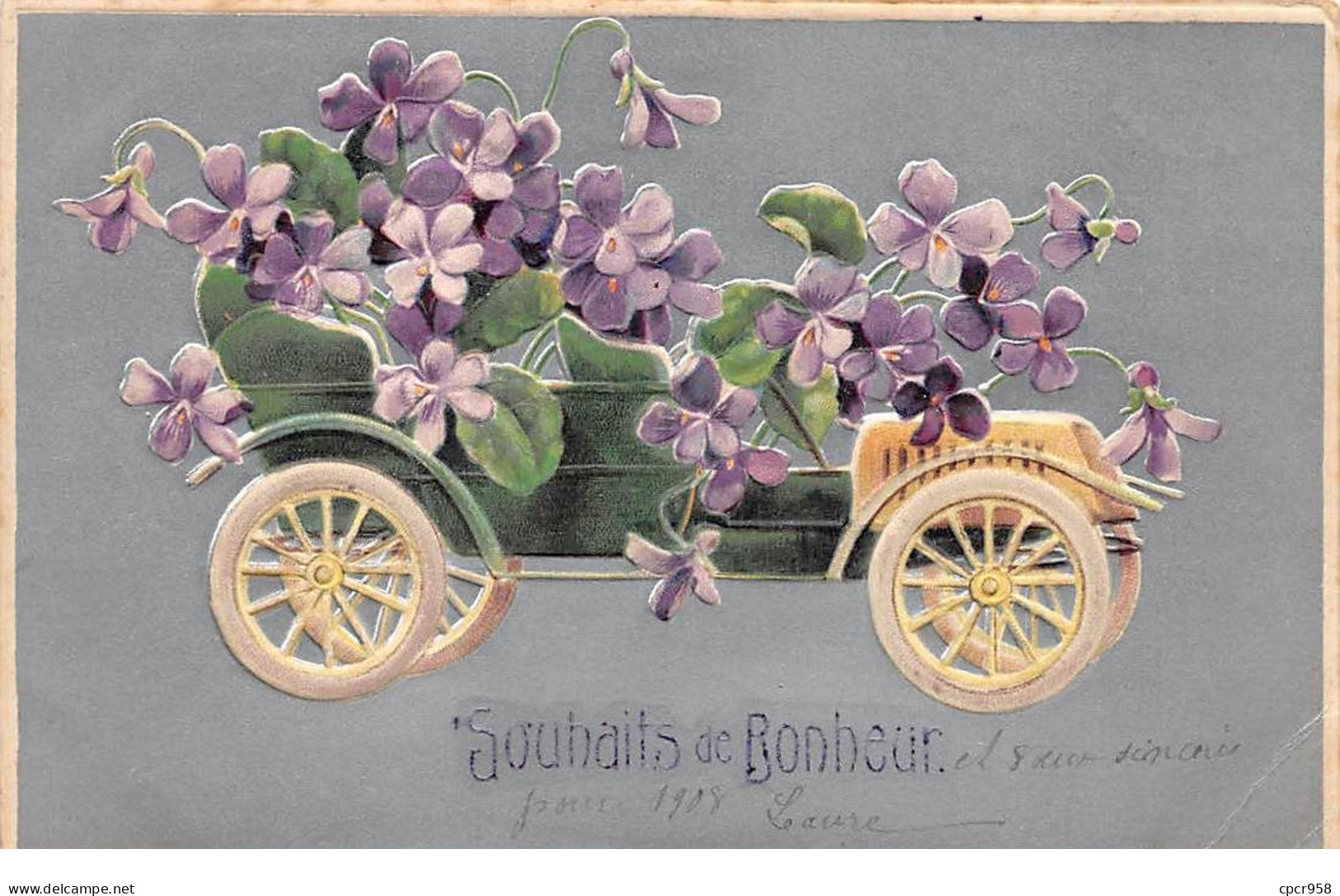 Fantaisies - N°75070 - Souhaits De Bonheur - Voiture Remplie De Violettes - Carte Gaufrée - Autres & Non Classés