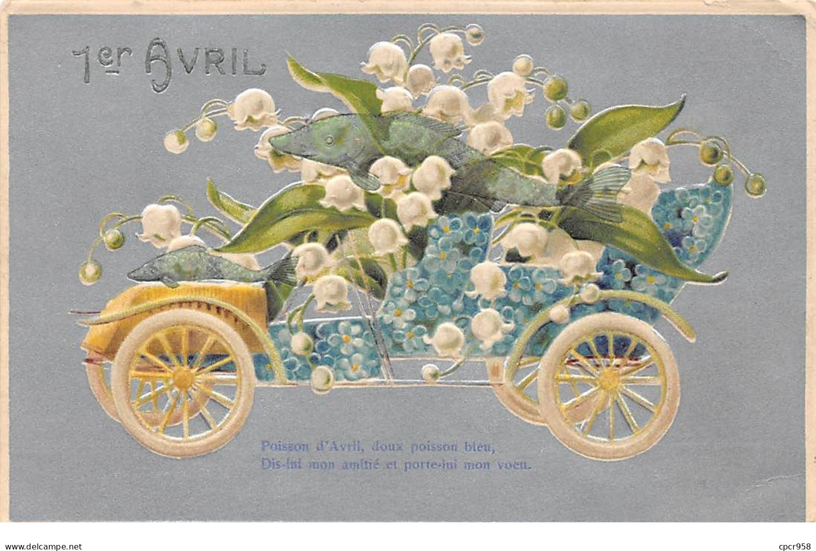 1er Avril - N°75020 - Voiture Fleurie De Muguet Et Myosotis - Carte Gaufrée - 1er Avril - Poisson D'avril