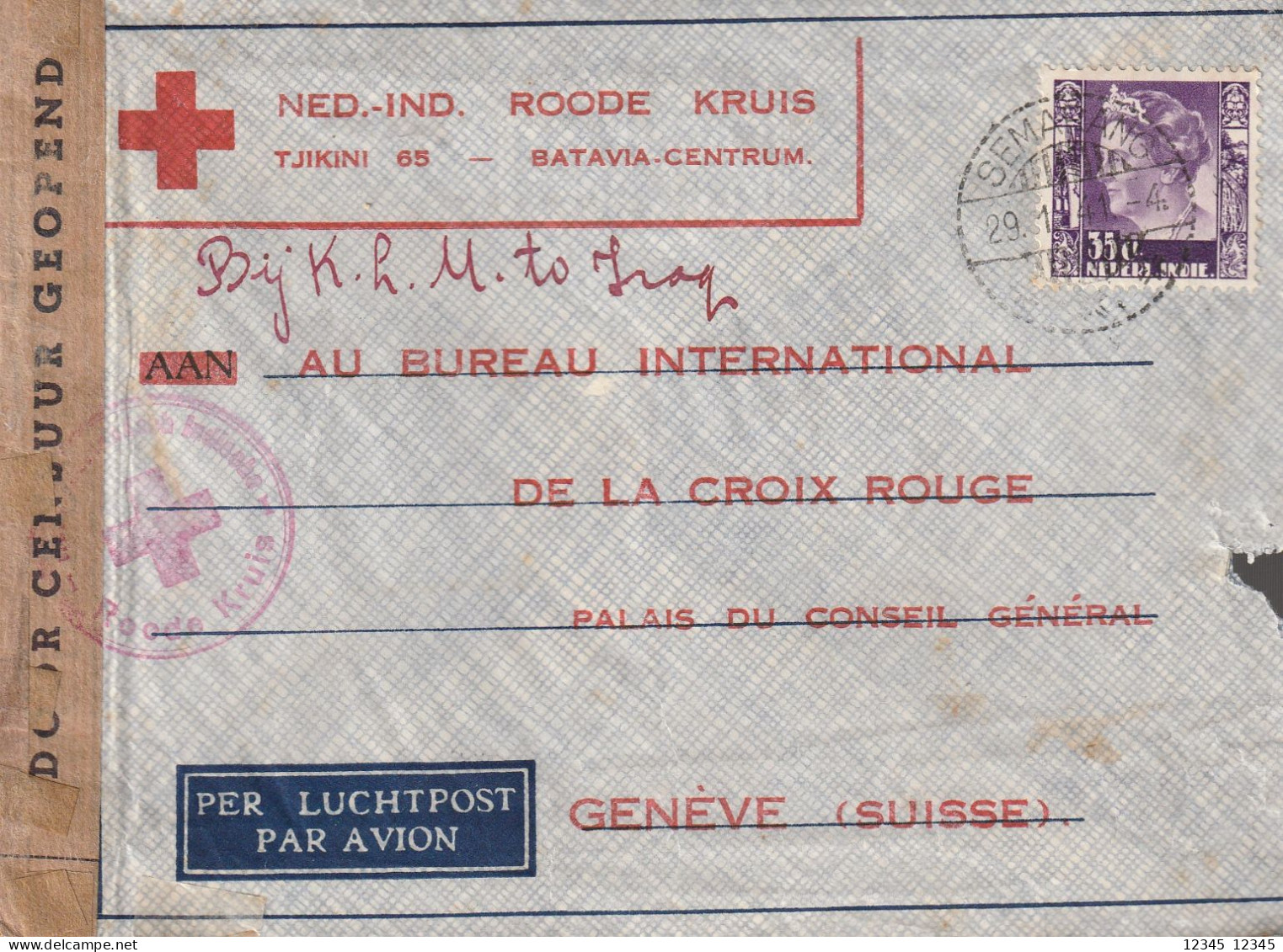 Letter 1941 Sent To Geneve, Suisse (opened By Censor) Red Cross - Niederländisch-Indien