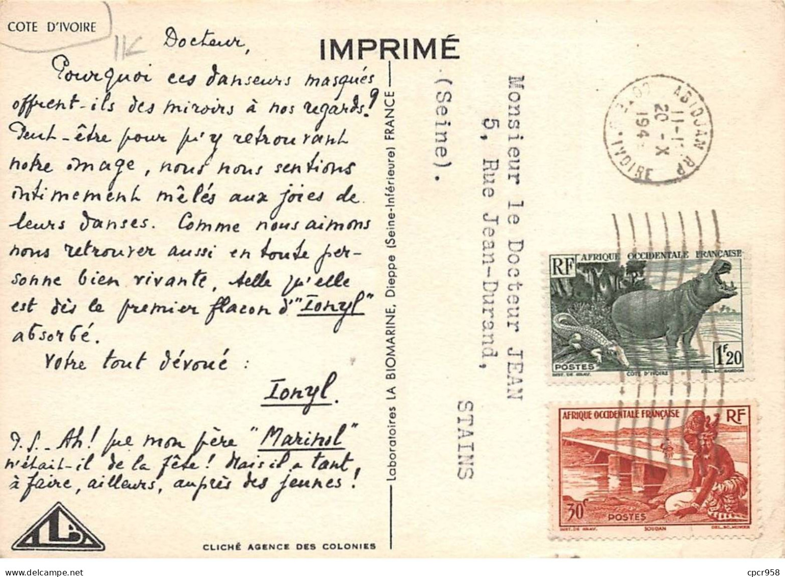 Côte D'Ivoire - N°77374 - Hommes Portant Des Masques - Carte Avec De Beaux Timbres - Costa D'Avorio