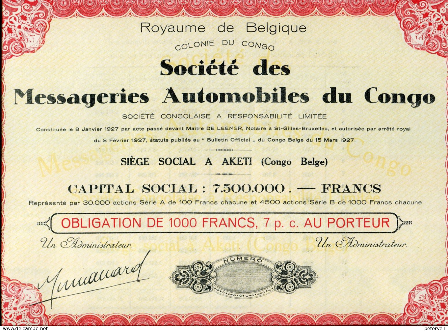 Société Des MESSAGERIES AUTOMOBILES Du CONGO; Obligation - Afrika