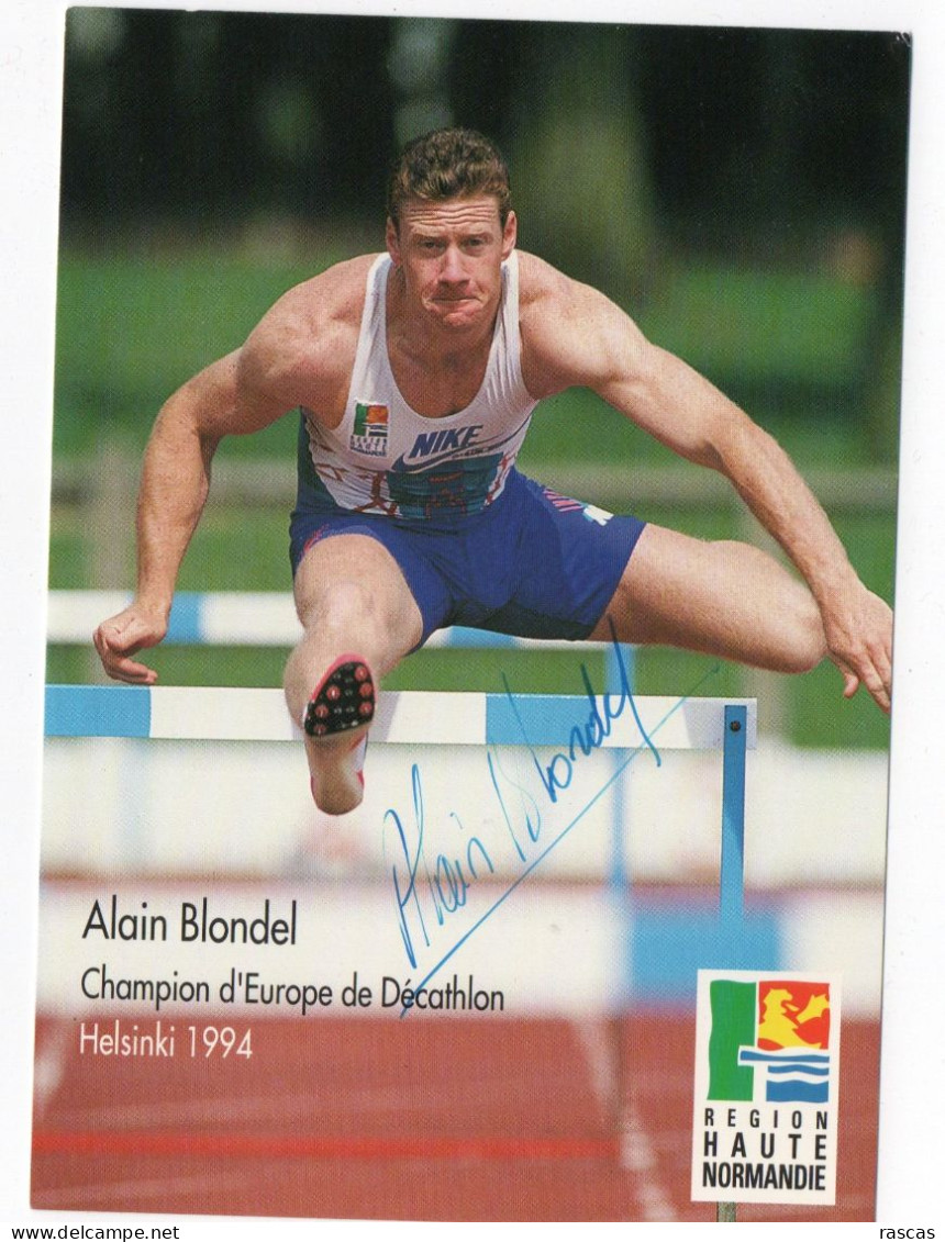 CLA - ATHLETISME - PHOTO ORIGINALE DEDICACEE DU DECATHLONIEN FRANCAIS ALAIN BLONDEL - CHAMPION D'EUROPE 1994 A HELSINKI - Fotos Dedicadas