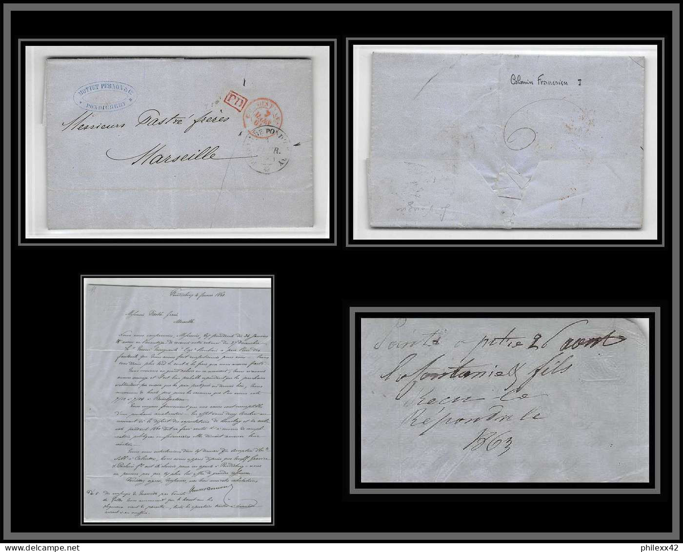 36881 Maritime Paquebot Steamer Pondichery Inde French India  Marseille France 1861 Marque Postale D'entrée Lettre Cover - ...-1852 Voorfilatelie