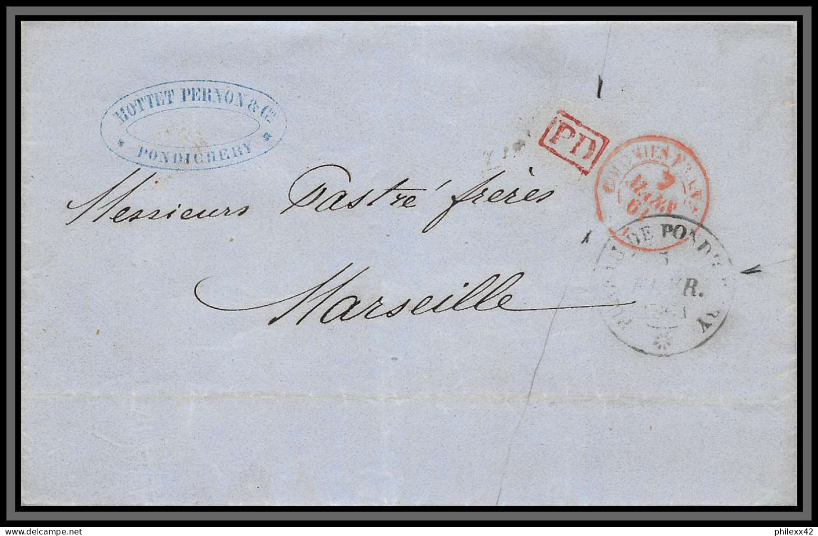 36881 Maritime Paquebot Steamer Pondichery Inde French India  Marseille France 1861 Marque Postale D'entrée Lettre Cover - ...-1852 Prefilatelia