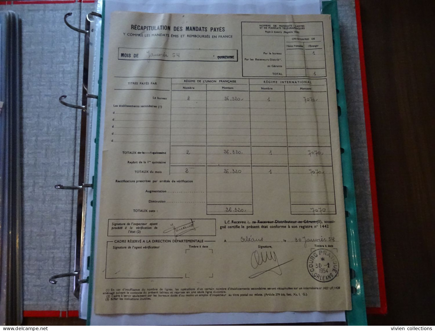 France Cours D'instruction Cours Pratique Orléans 1954 Relevé état Des Mandats Payés Abbo Algérie Et Guinée Konakry - Cours D'Instruction