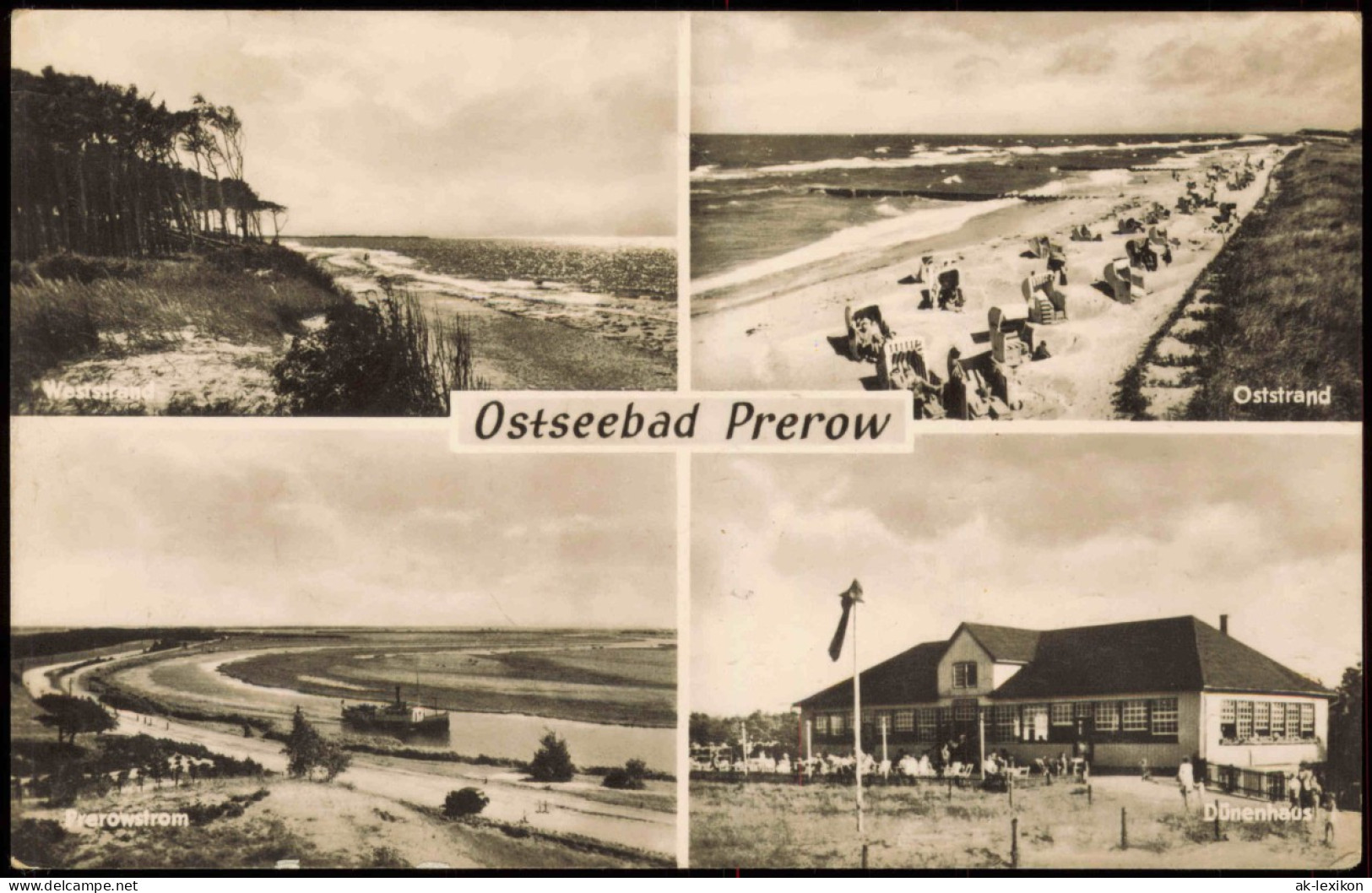 Ansichtskarte Prerow 4 Bild: Strand, Prerowstrom, Dünenhaus 1964 - Seebad Prerow