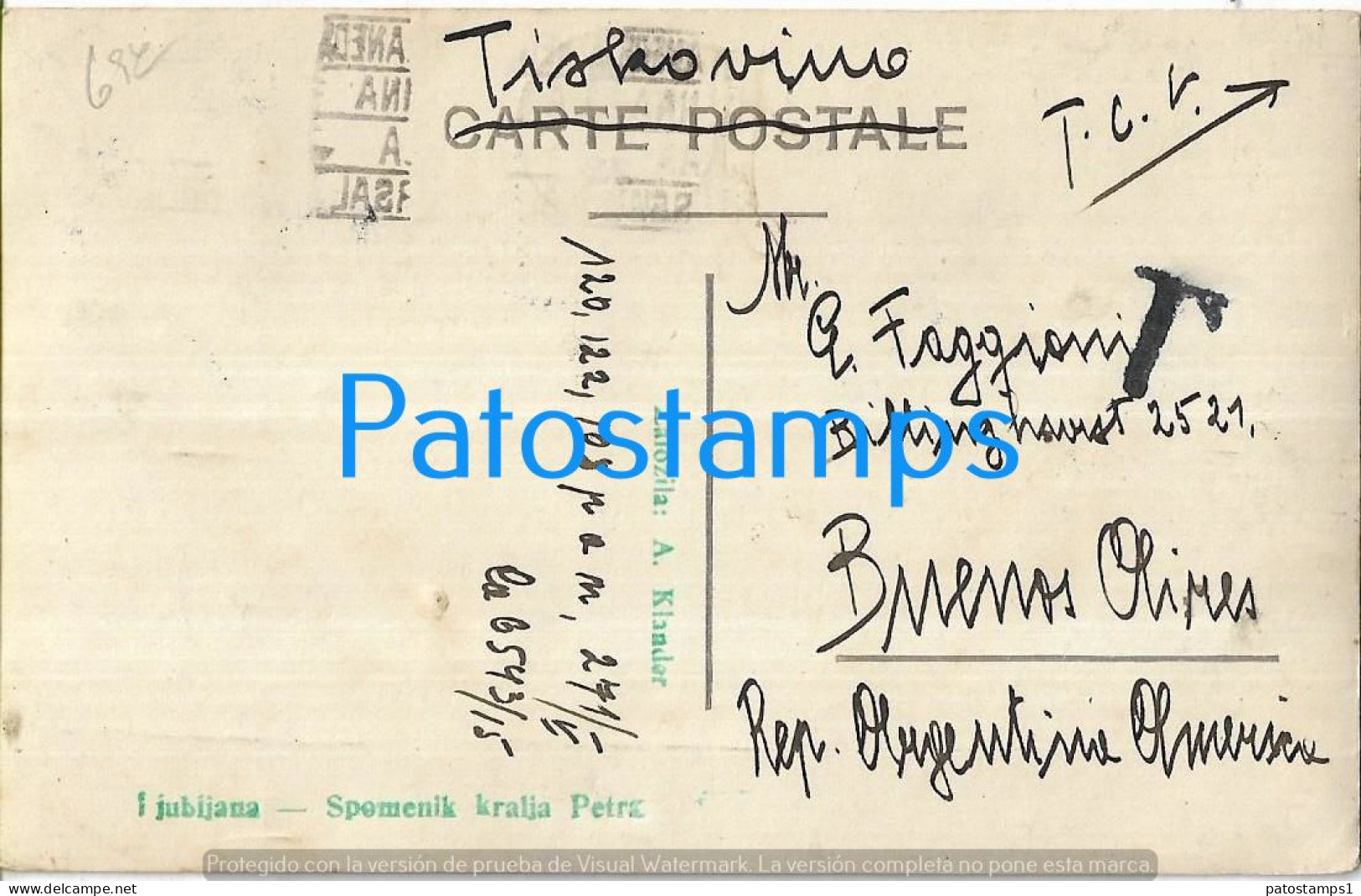 226897 SLOVENIA LJUBLJANA MONUMENT OF KING PETRZ TAXADA CIRCULATED TO ARGENTINA POSTAL POSTCARD - Slowenien