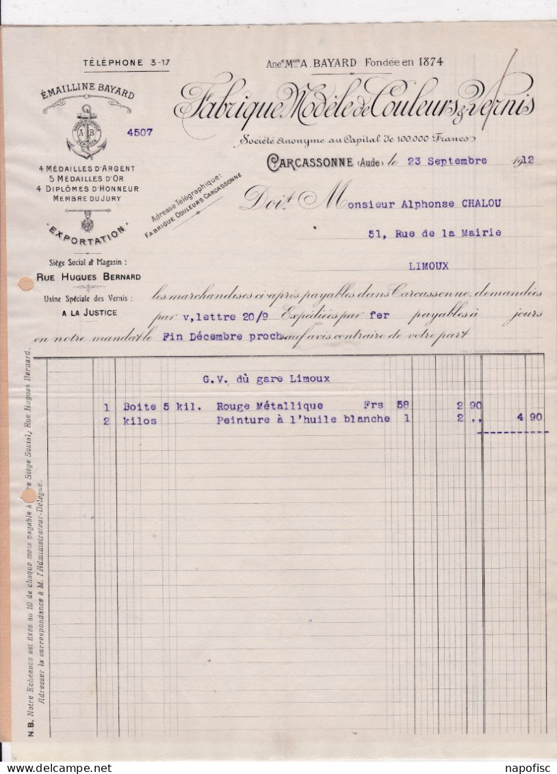 11-Fabrique Modèle De Couleurs & Vernis..Carcassonne..(Aude)...1912 - Droguerie & Parfumerie