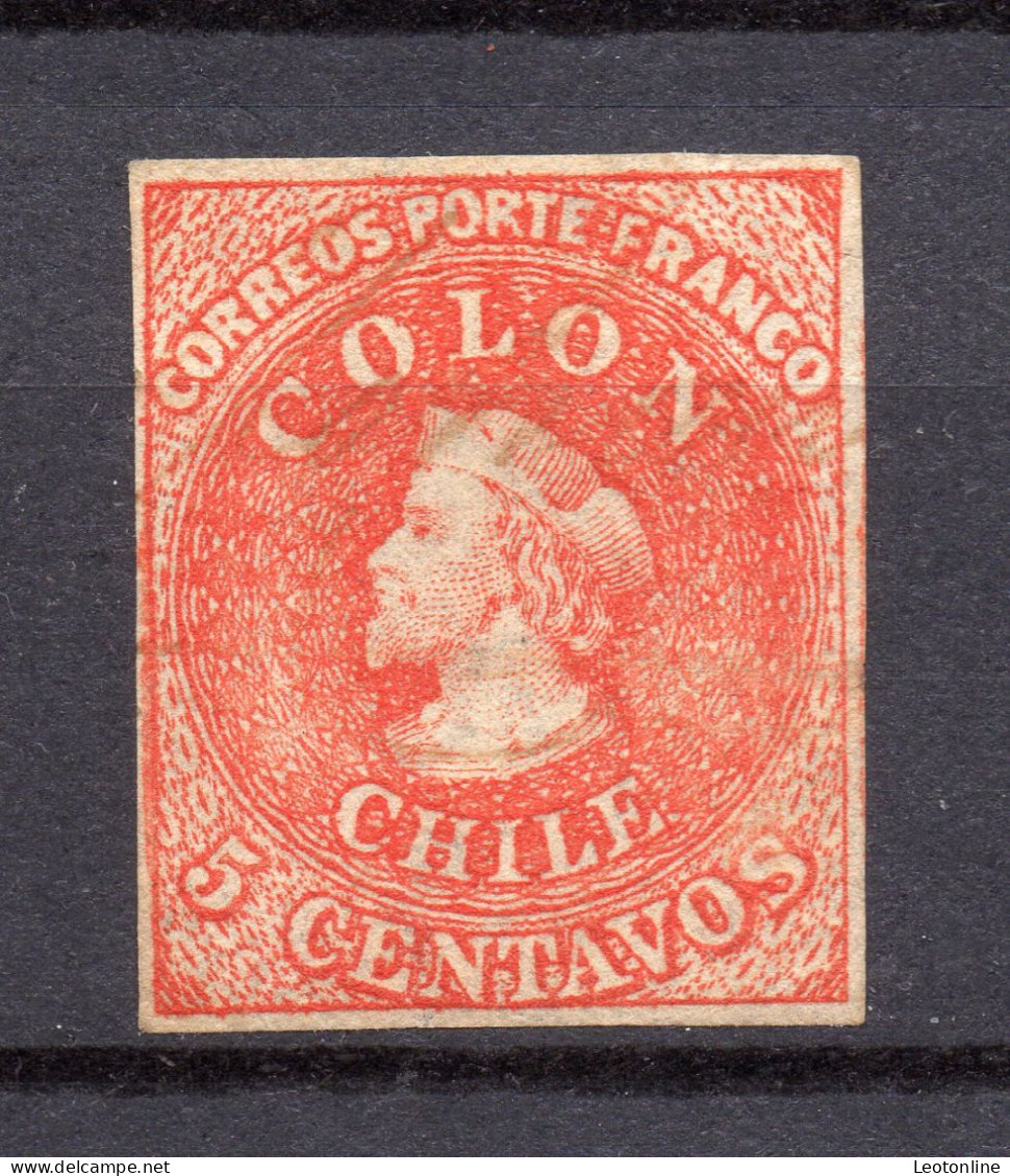 CHILE 1856 Nº YVERT 5C, CARMÍN - IMPR. SANTIAGO - FILIGRANA INVERTIDA - FIRMADO - Chile