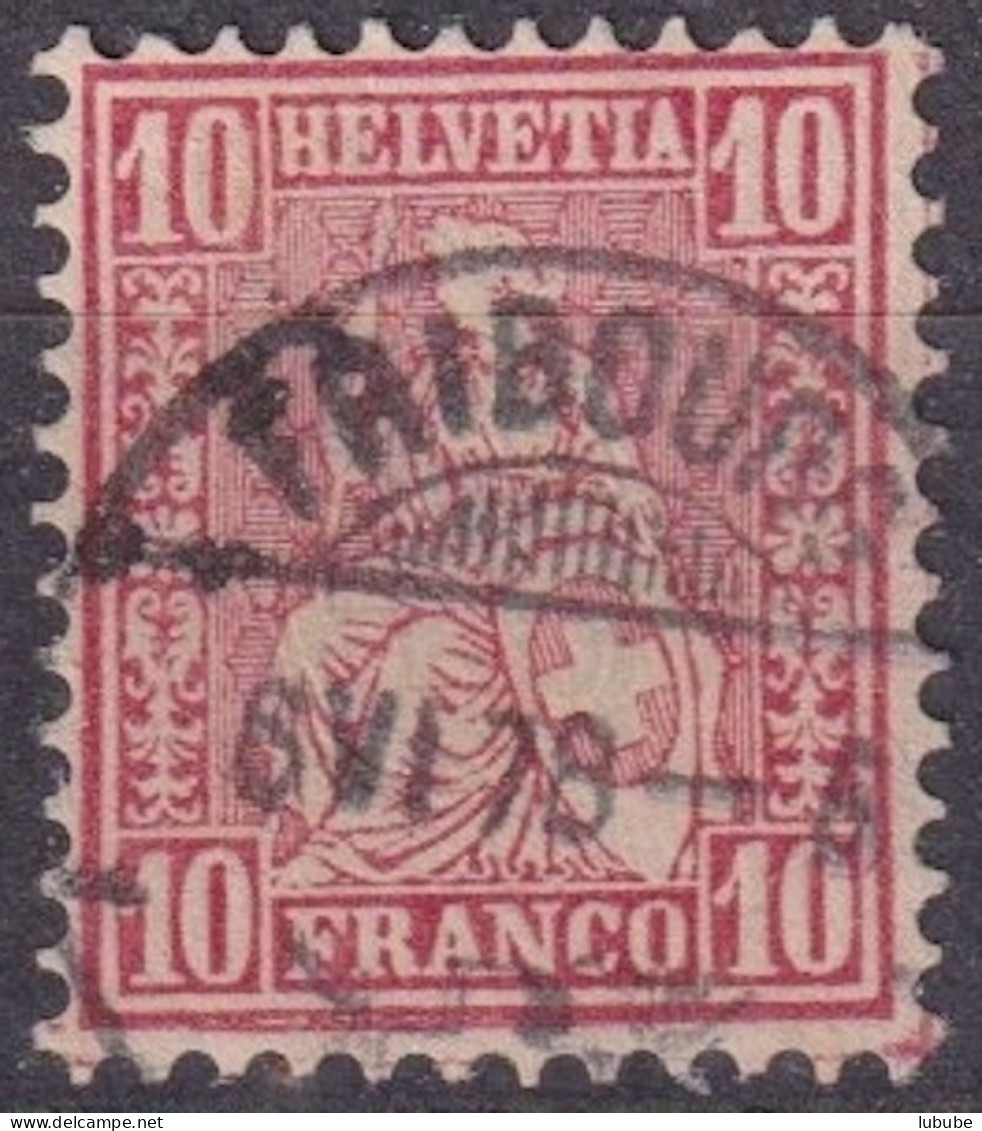 Sitzende Helvetia 38, 10 Rp.karmin  FRIBOURG  (gespaltene Randlinie)      1878 - Gebraucht