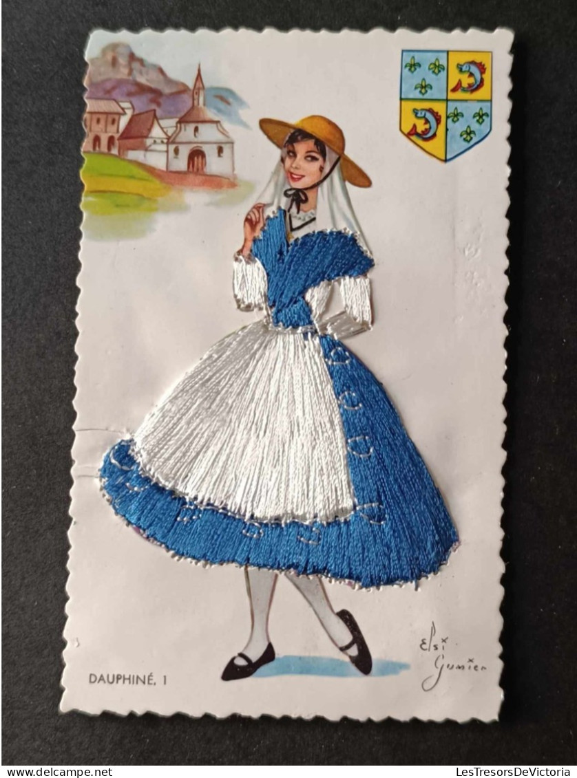 Fantaisie - Carte Brodée - Illustrateur - Gumier - Femme Dont La Robe Est Brodée - Dauphiné - Carte Postale Ancienne - Embroidered