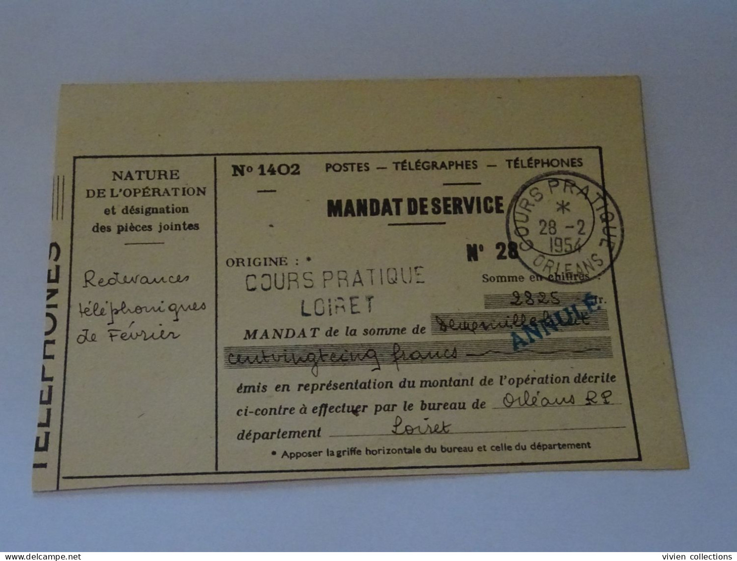 France Cours D'instruction Cours Pratique Orléans Loiret 1954 Mandat De Service Annulé Redevances Téléphoniques - Lehrkurse