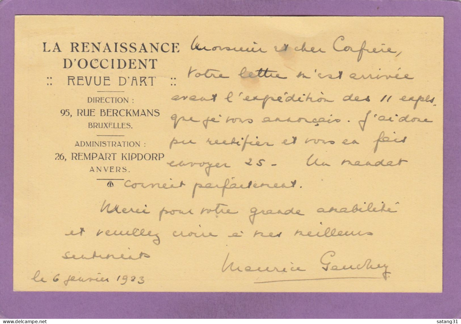 ENTIER POSTAL  AVEC REPIQUAGE "LA RENAISSANCE D'OCCIDENT,REVUE D'ART" ET VARIETE SUR LE TIMBRE COMPLEMENTAIRE. - Tarjetas 1909-1934