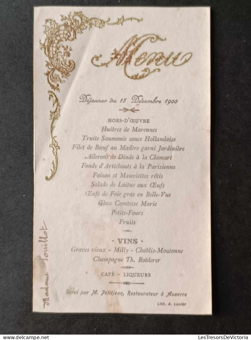 Menu - Restaurant De Auxerre - Madame Pouillot - Déjeuner Du 15 Décembre 1900 - Menükarten