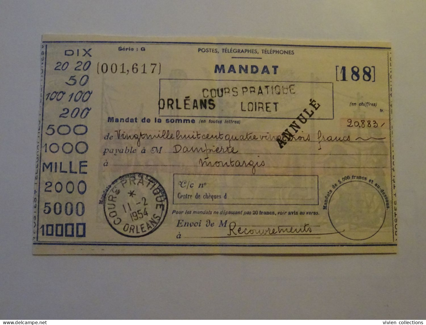 France cours d'instruction cours pratique Orléans Loiret 1954 service des recouvrements mandat annulé Montargis