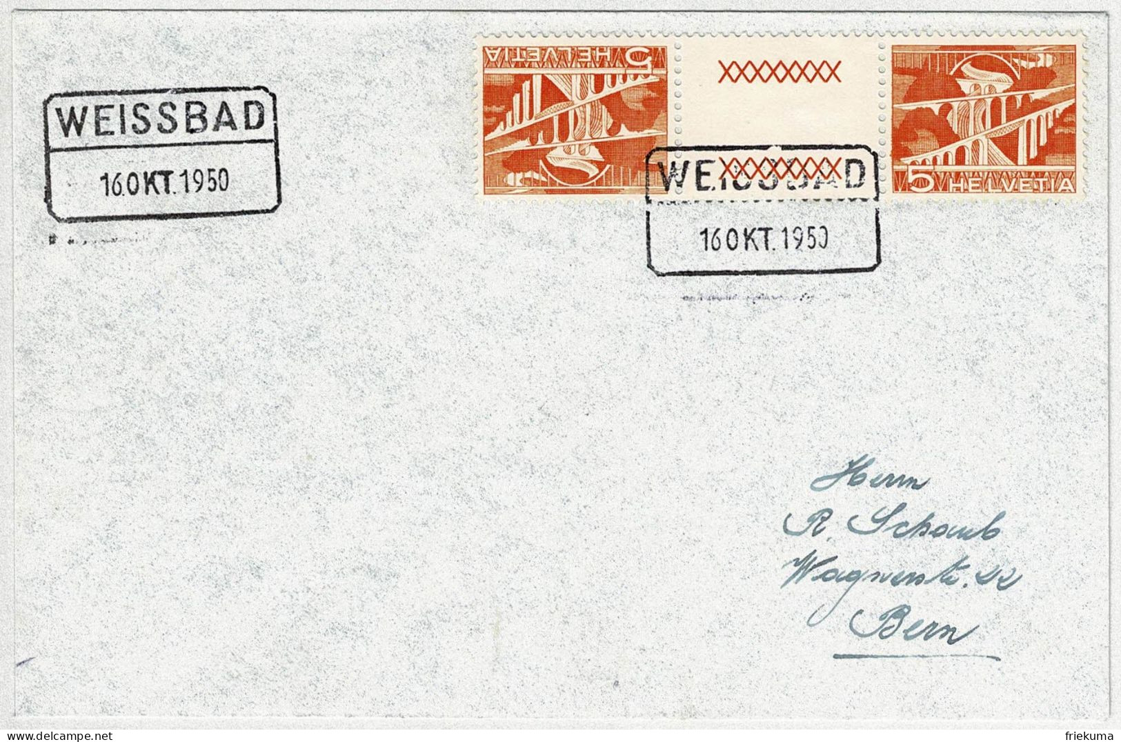 Schweiz 1950, Brief Weissbad - Bern, Kehrdruck Mit Zwischensteg Technik Und Landschaft Bahnstationstempel - Covers & Documents