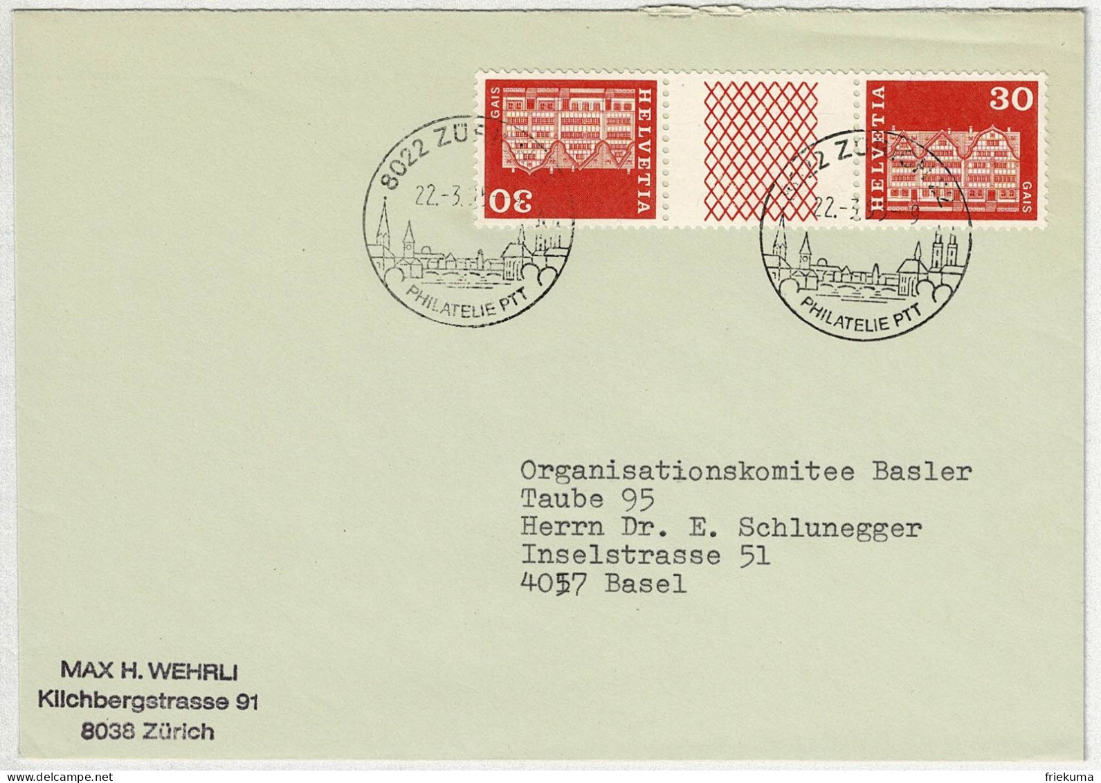 Schweiz 1995, Brief Zürich Philatelie PTT - Basel, Baudenkmäler Gais Kehrdruck Mit Zwischensteg - Brieven En Documenten