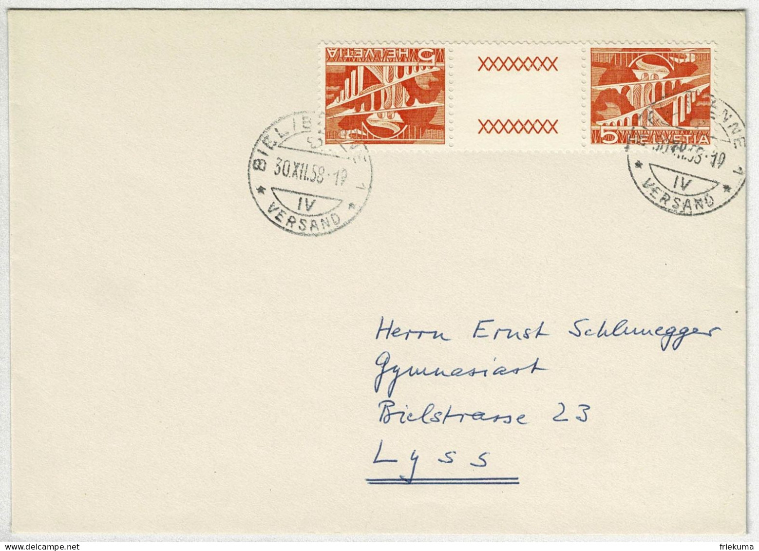 Schweiz 1958, Brief Biel/Bienne - Lyss, Kehrdruck Mit Zwischensteg Technik Und Landschaft - Briefe U. Dokumente