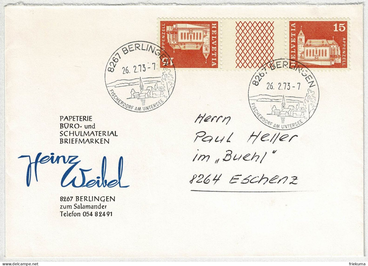 Schweiz 1973, Brief Berlingen - Eschenz, Kehrdruck Mit  Zwischensteg Baudenkmäler Appenzell, Kirche - Cartas & Documentos