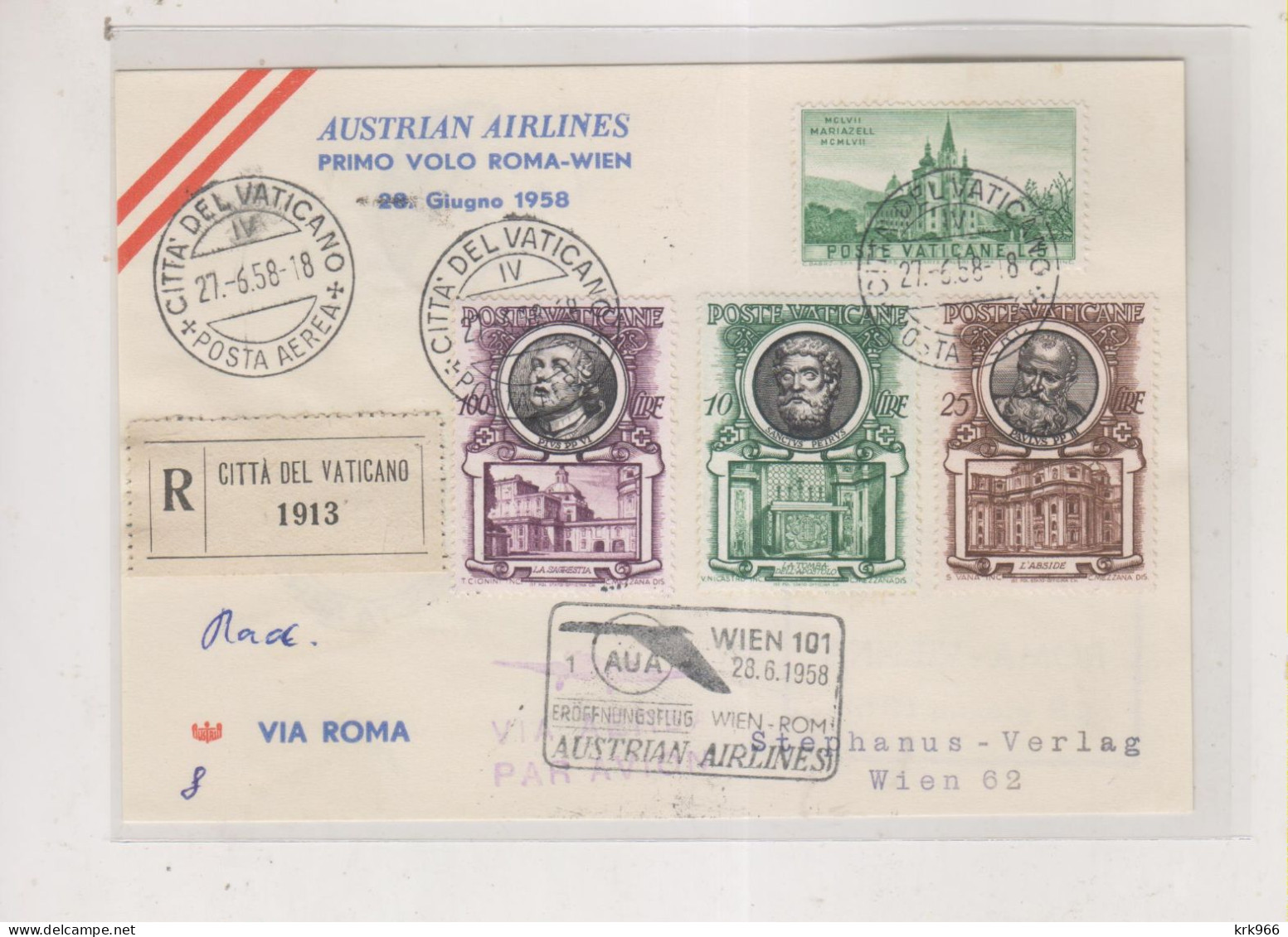 VATICAN 1958 Registered Airmail Postcard To Austria First Flight ROMA.WIEN - Covers & Documents