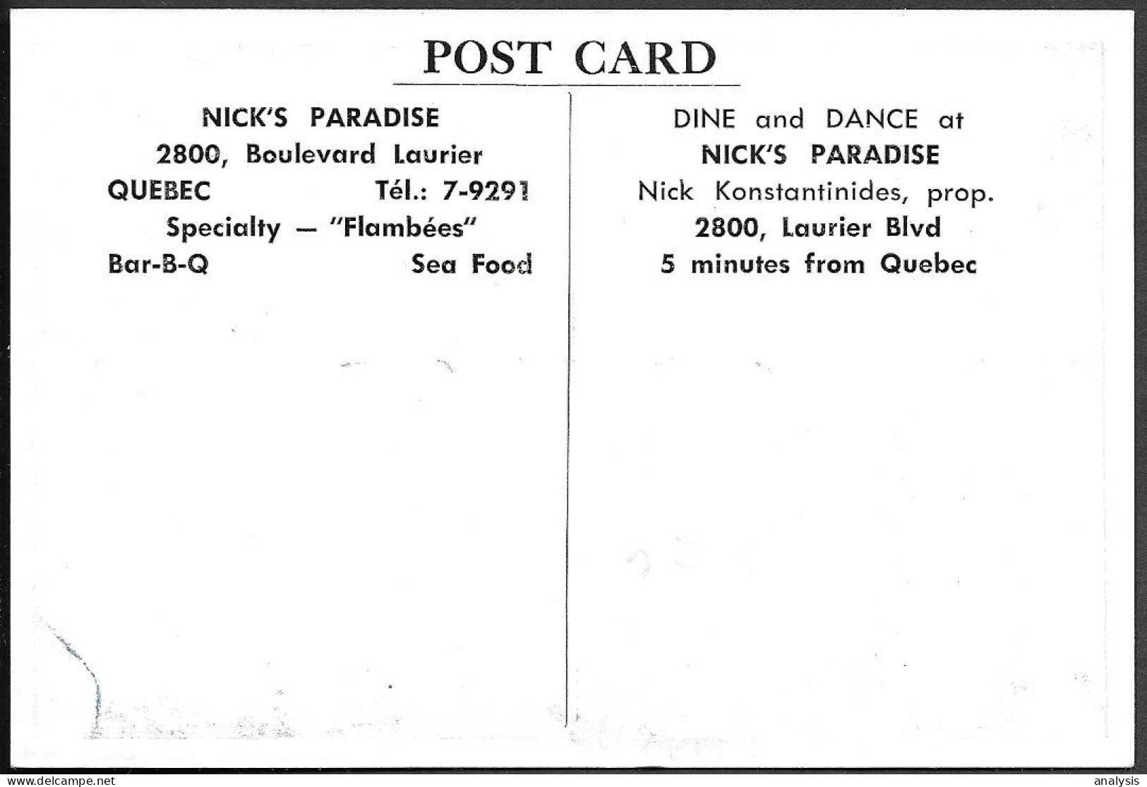 Canada Queben Nick Paradise Restaurant Old PPC Pre 1940 - Québec - Sainte-Foy-Sillery