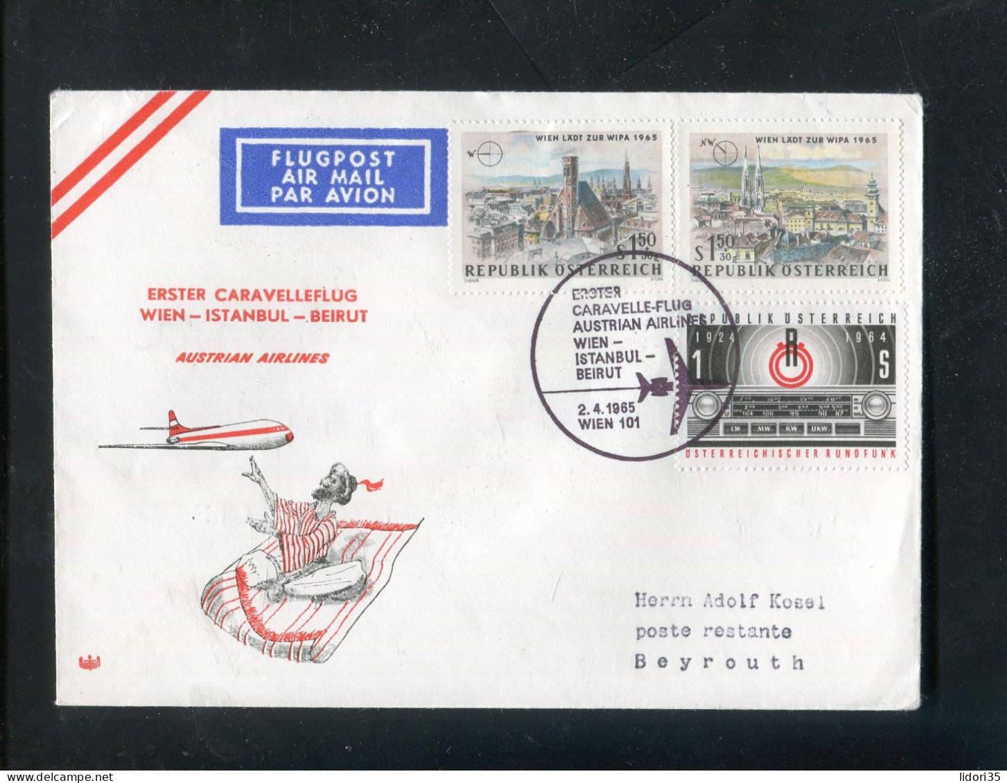 "OESTERREICH" 1965, AUA-Caravelle-Erstflugbrief "Wien-Beirut" (L1095) - Erst- U. Sonderflugbriefe