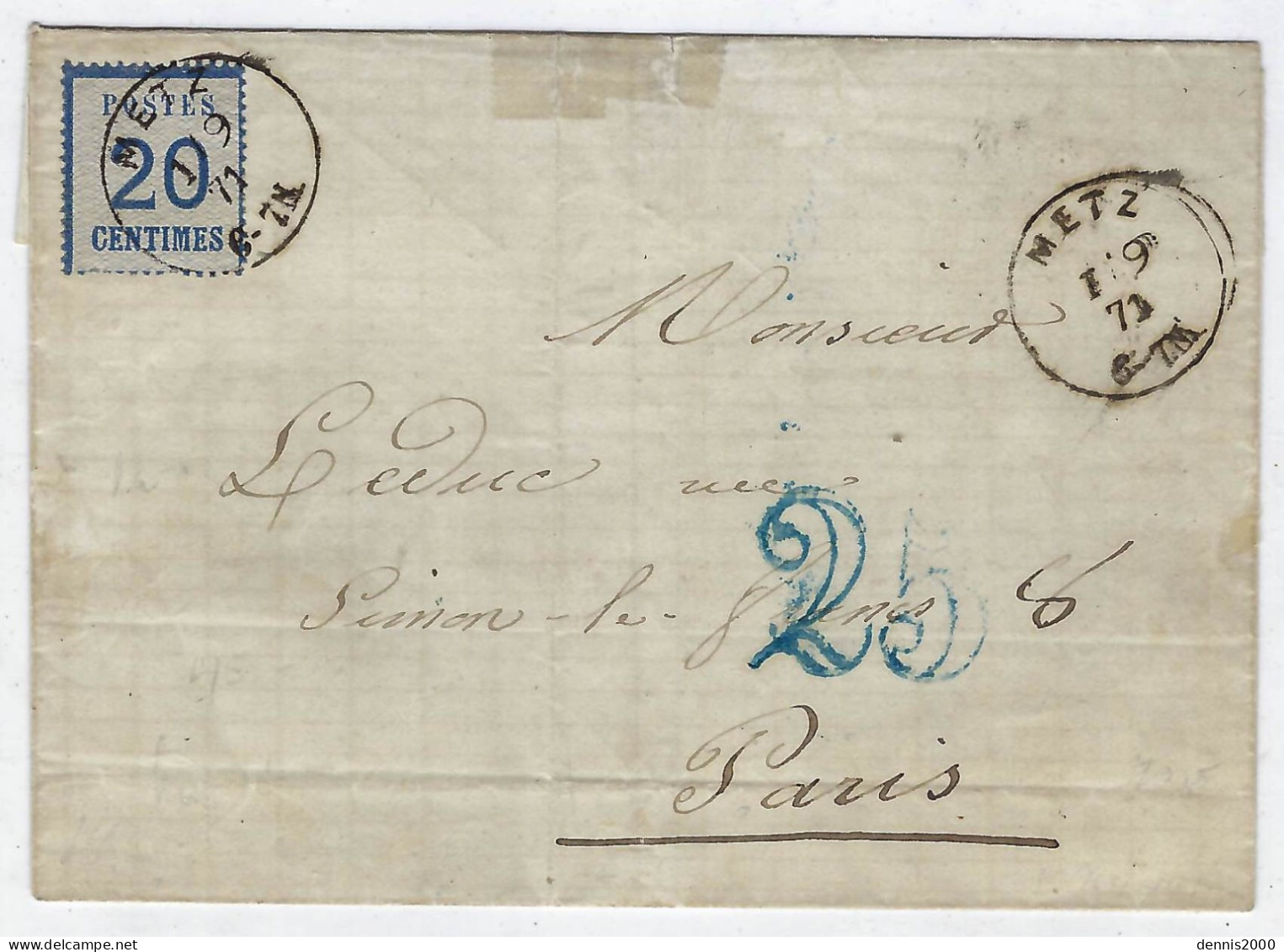 1871 - Lettre De METZ Pour Paris - Affr. 20 C + 25 Double Trait Bleu - Altri & Non Classificati